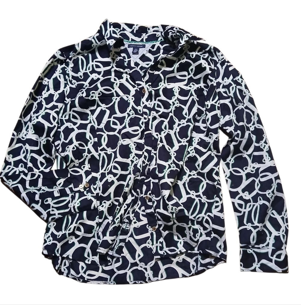 Tommy Hilfiger Qomen's Size Extra Large Navy and White Patterned Button-Up Shirt